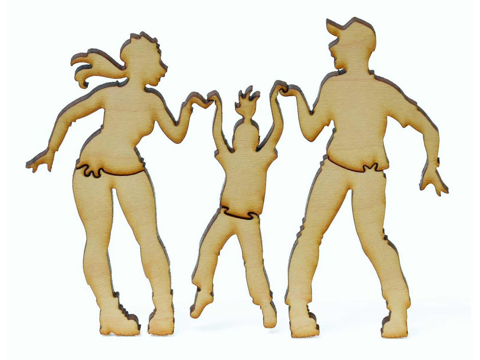 A closeup of pieces showing a family swinging a child between their arms.