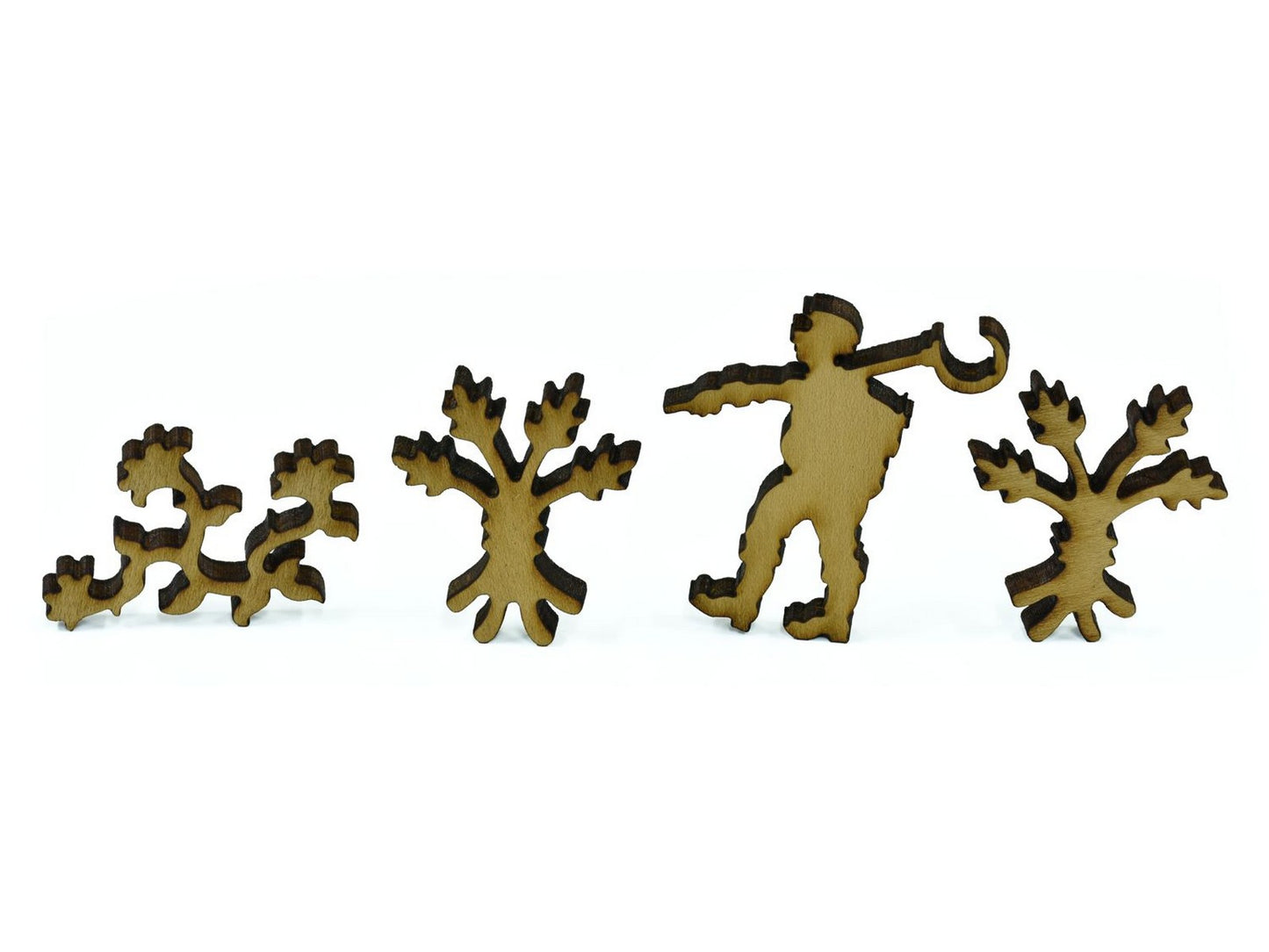 A closeup of pieces in the shape of farmers and plants.