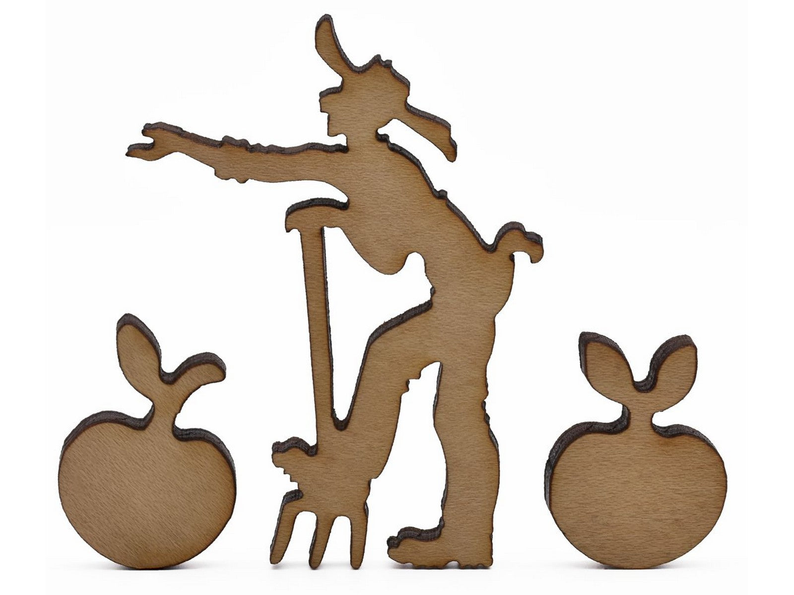 A closeup of pieces shaped like a farmer and two plums.