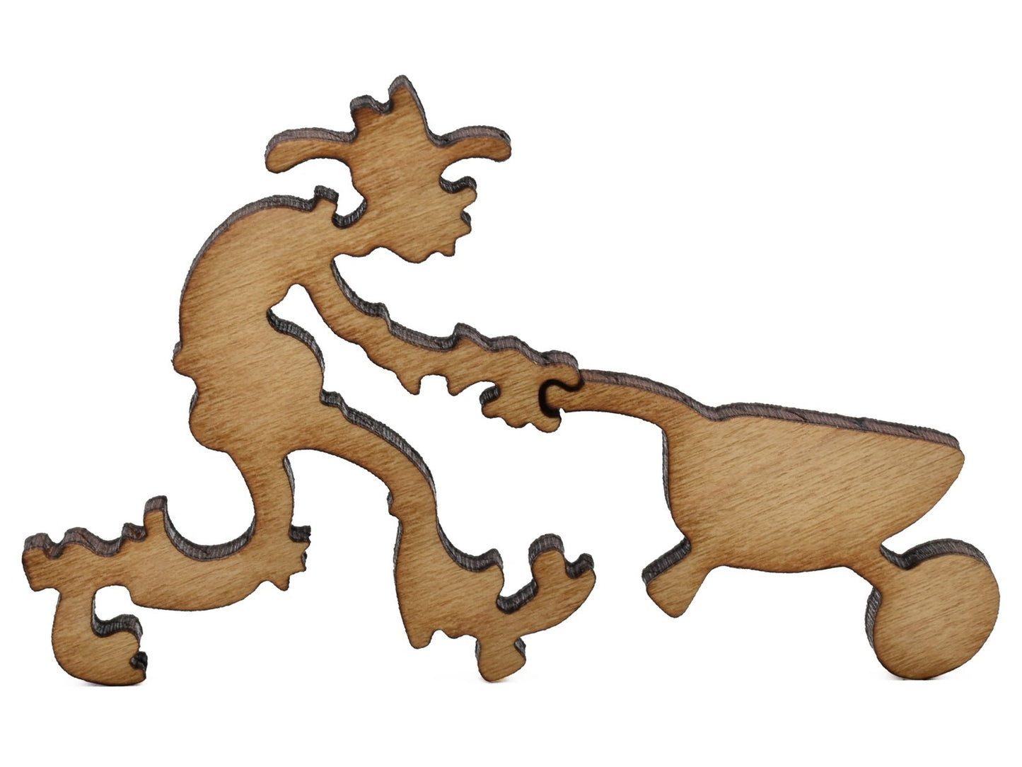 A closeup of pieces shaped like a farmer pushing a wheelbarrow.
