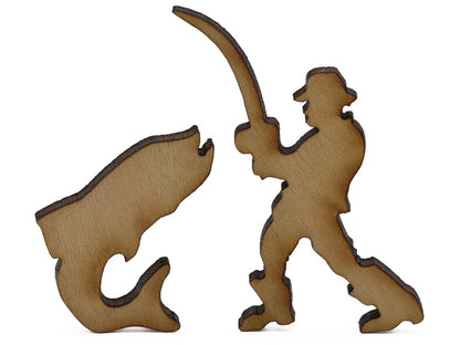 A closeup of pieces shaped like a fisherman and a fish.