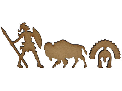 A closeup of pieces shaped like football mascots - the Trojans and Buffaloes.