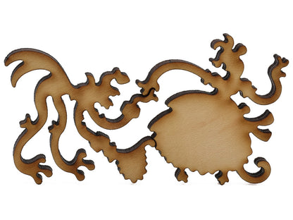 A closeup of pieces shaped like a frog and mouse holding hands.