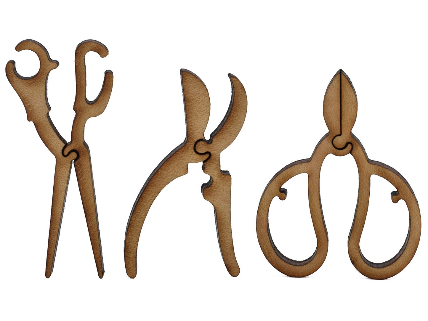 A closeup of pieces shaped like garden tools.