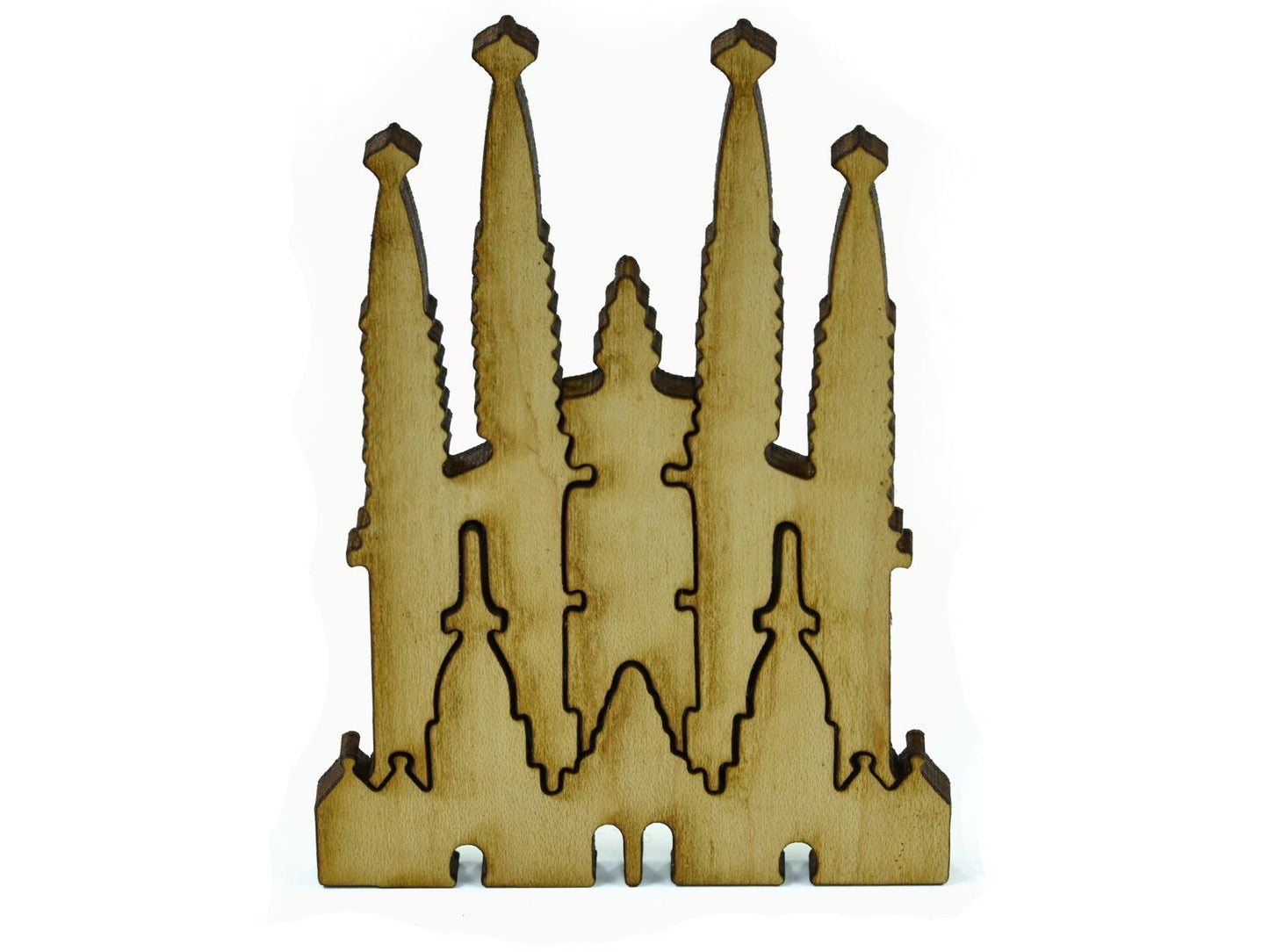 A closeup of pieces shaped like Gaudi's Cathedral in Barcelona.
