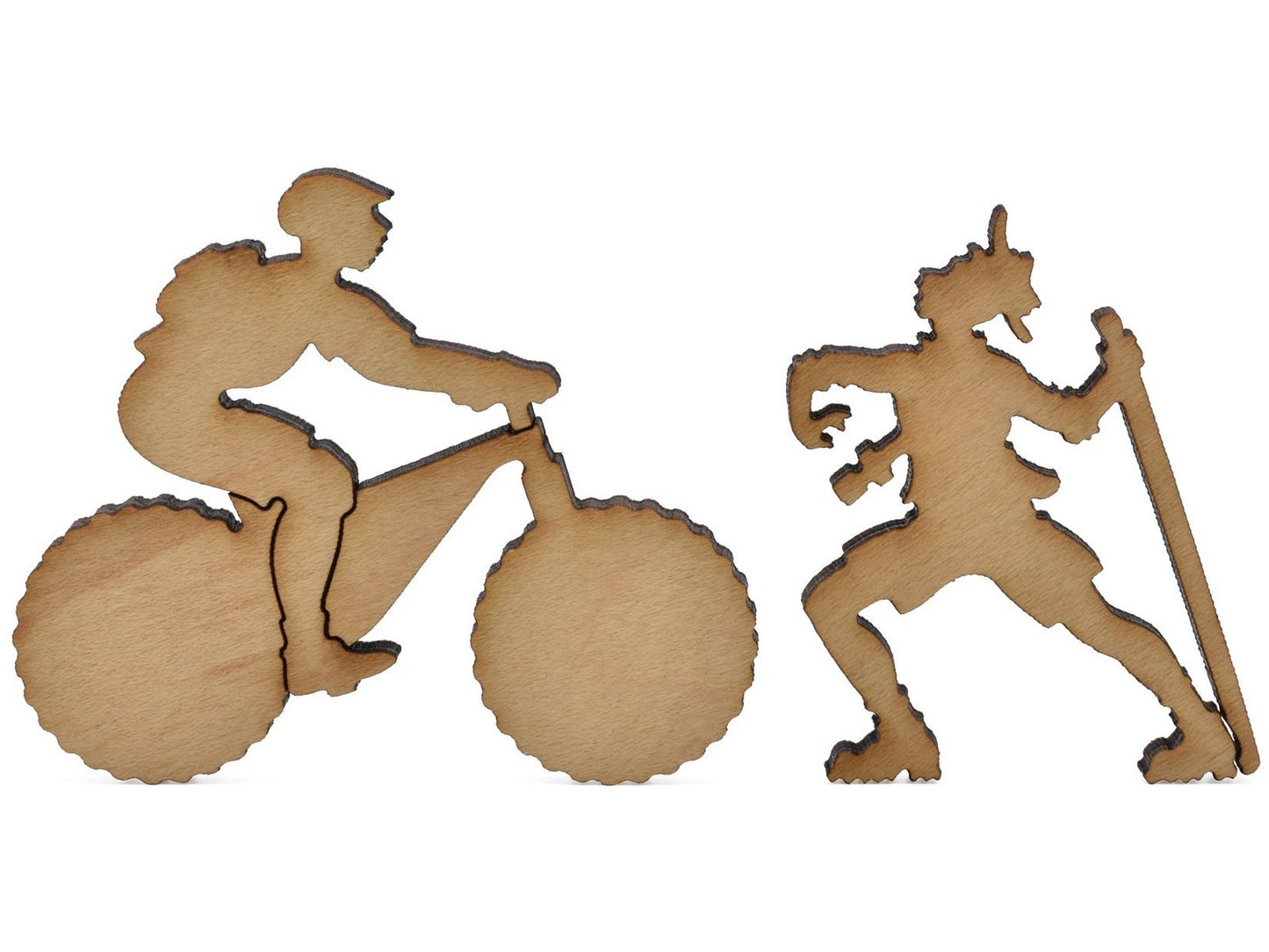 A closeup of pieces shaped like a mountain biker and a hiker with a walking stick.