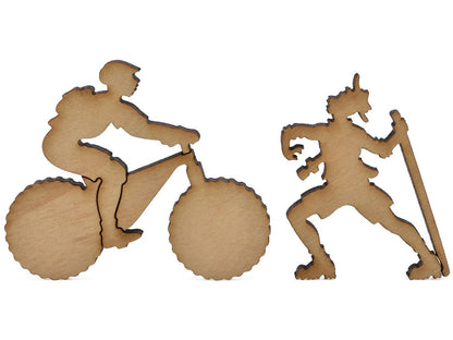 A closeup of pieces shaped like a mountain biker and a hiker with a walking stick.