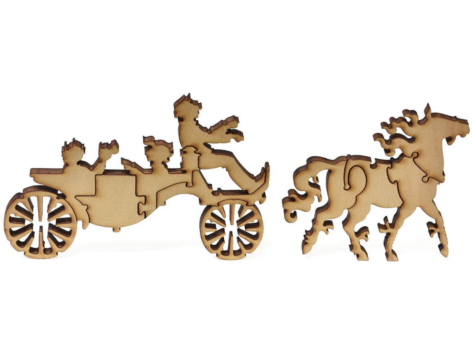 A closeup of pieces showing a horse and riders in a carriage.