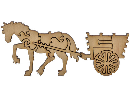 A closeup of pieces shaped like a large multi-piece horse and cart.