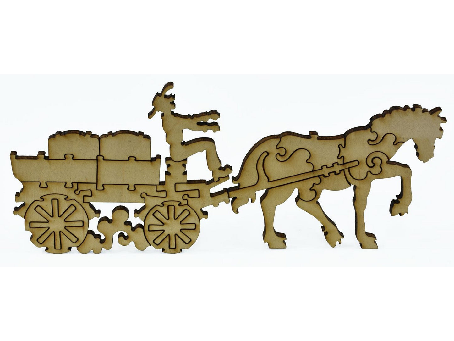 A closeup of pieces showing a man riding on a horse drawn carriage.