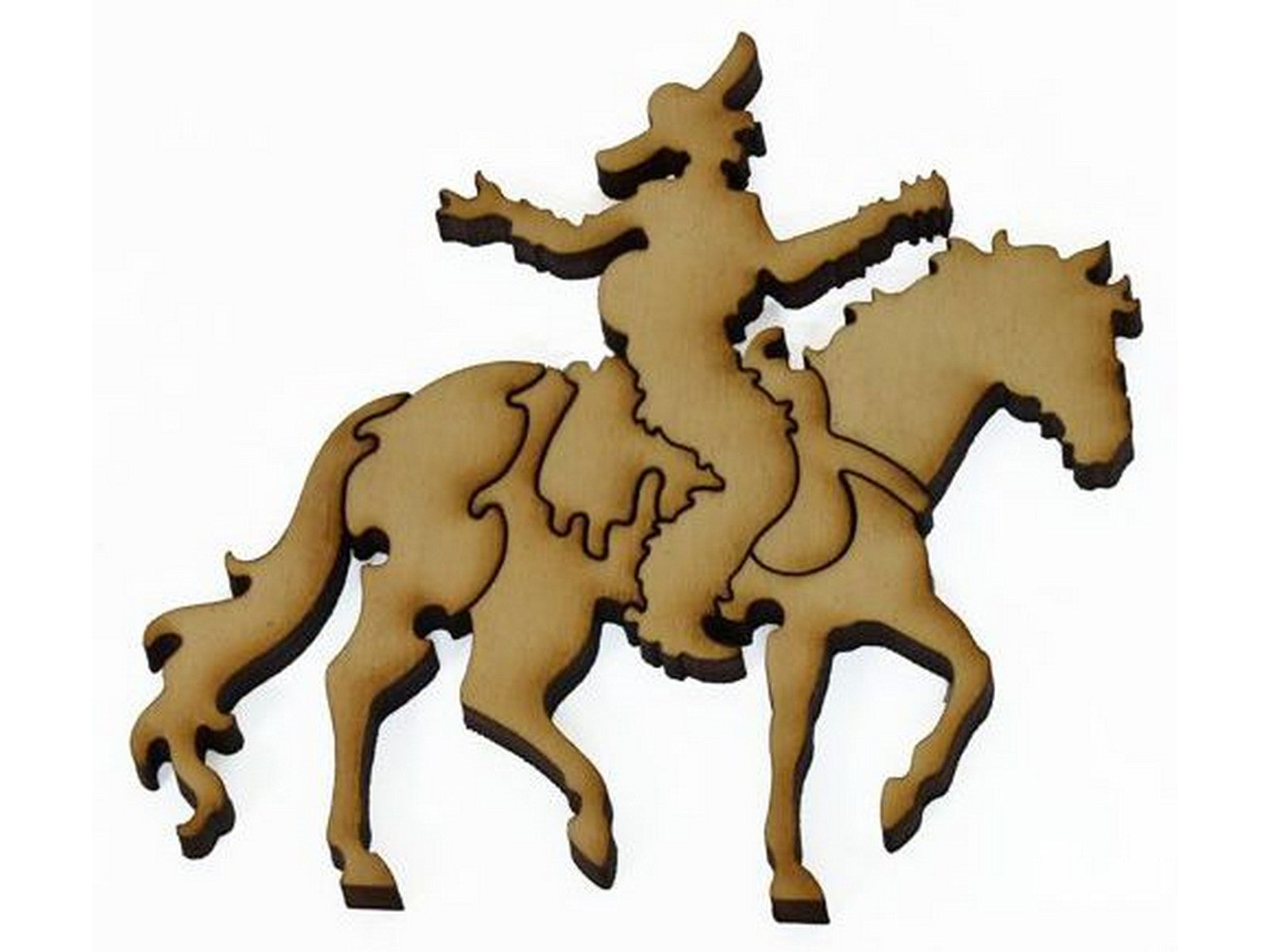 A closeup of pieces showing a cowboy with a guitar riding a horse.