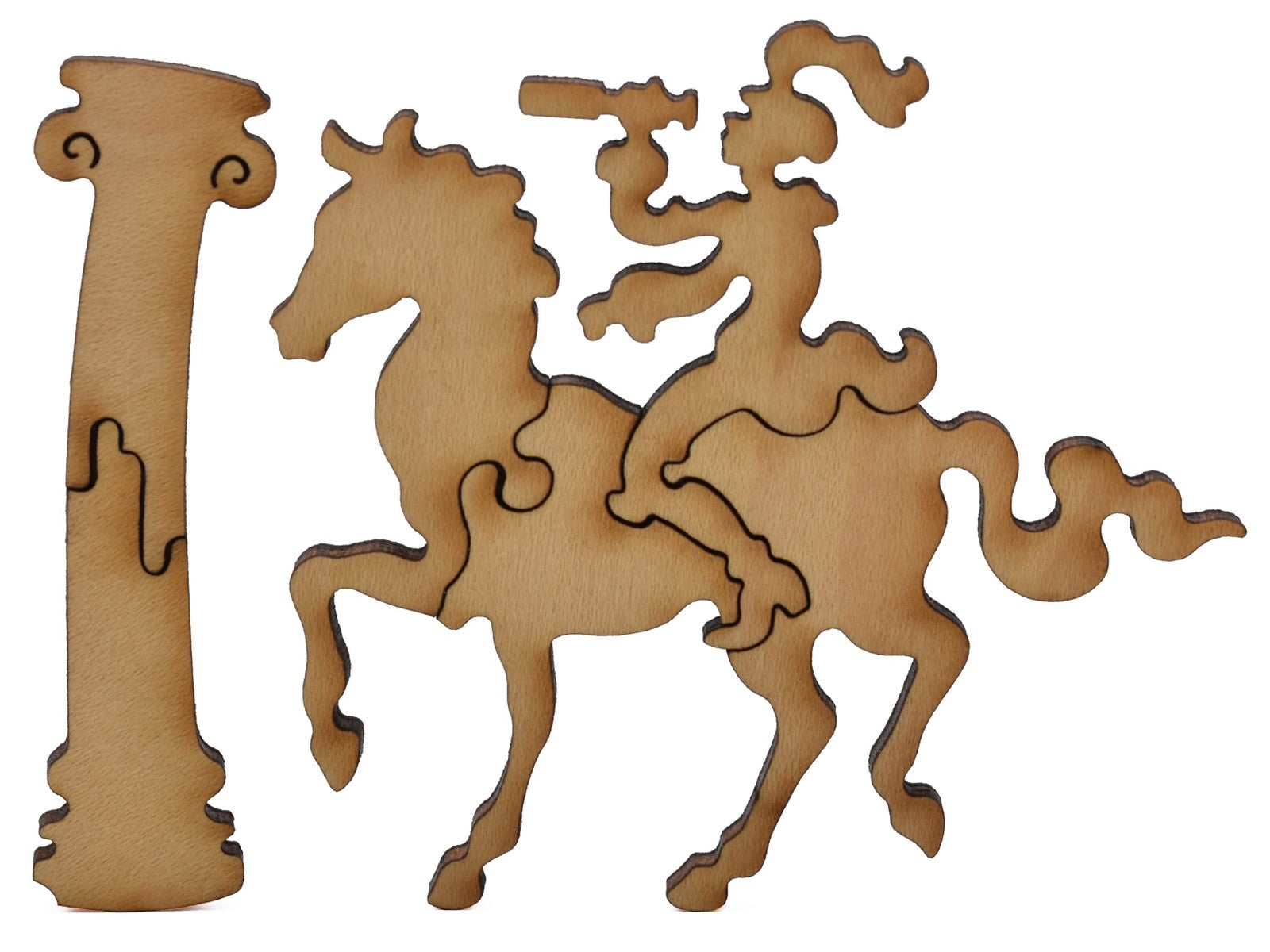 A closeup of pieces shaped like a pillar and a scout on horseback.