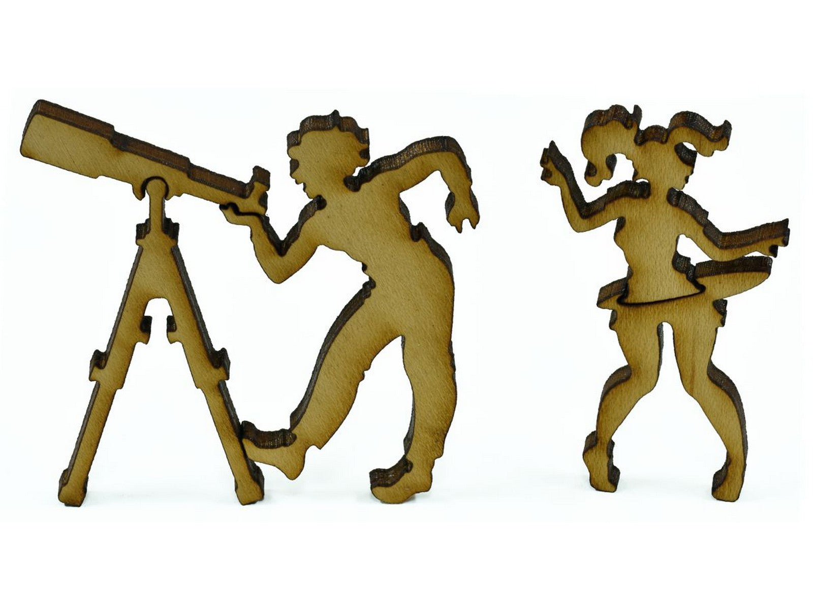 A closeup of pieces in the shape of a person looking through a telescope, and a person hula hooping.