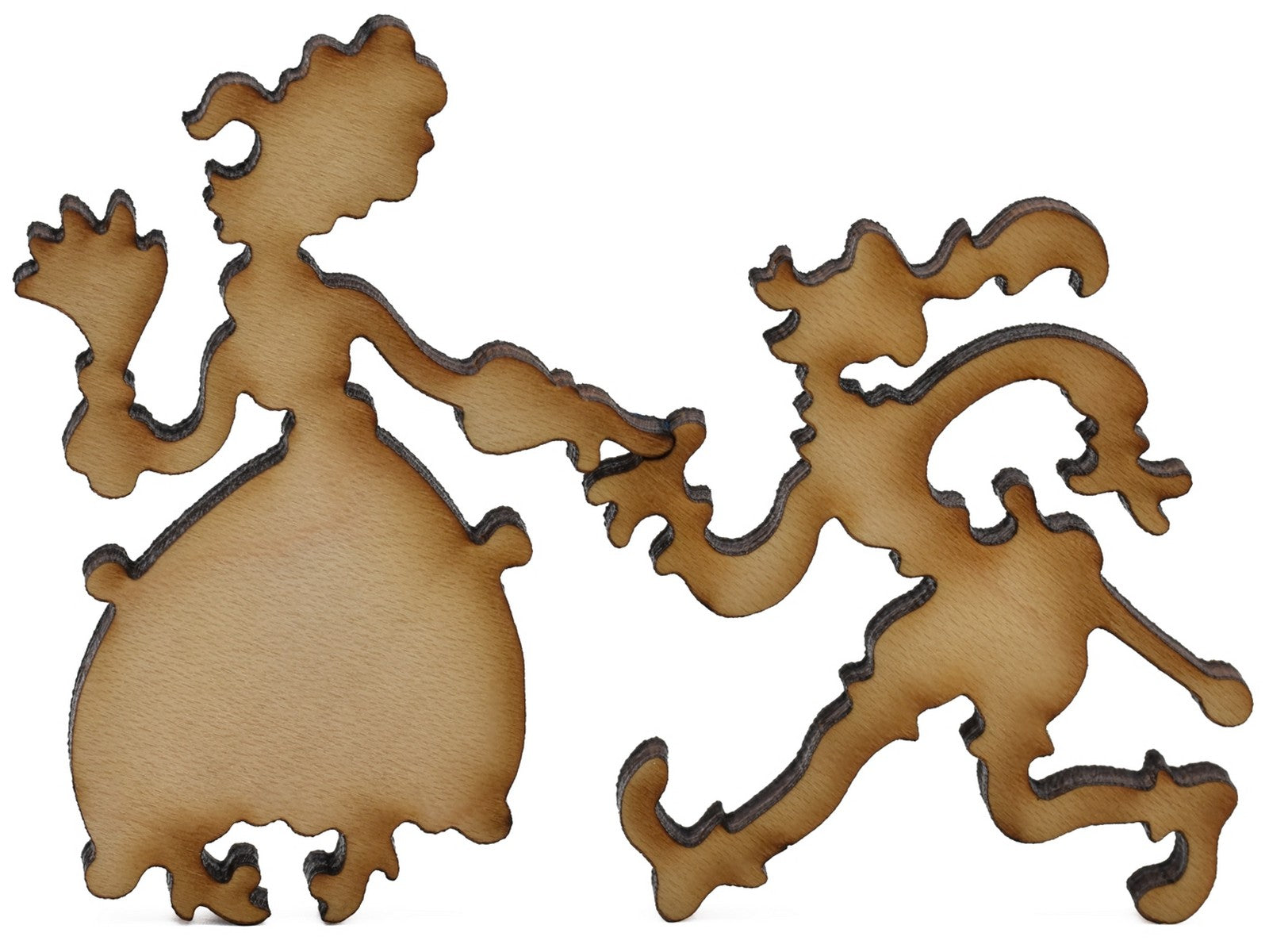 A closeup of pieces shaped like a human couple holding hands.