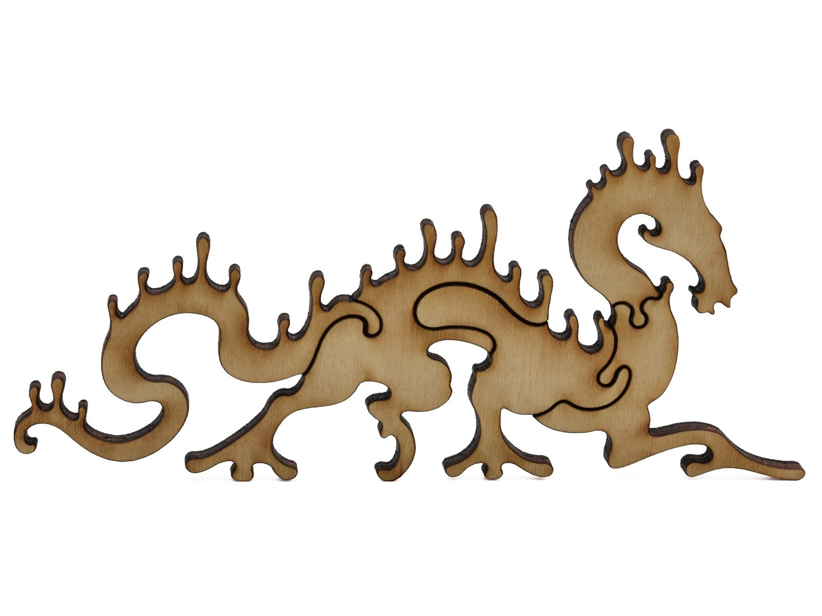 A closeup of pieces shaped like a large multi-piece dragon.