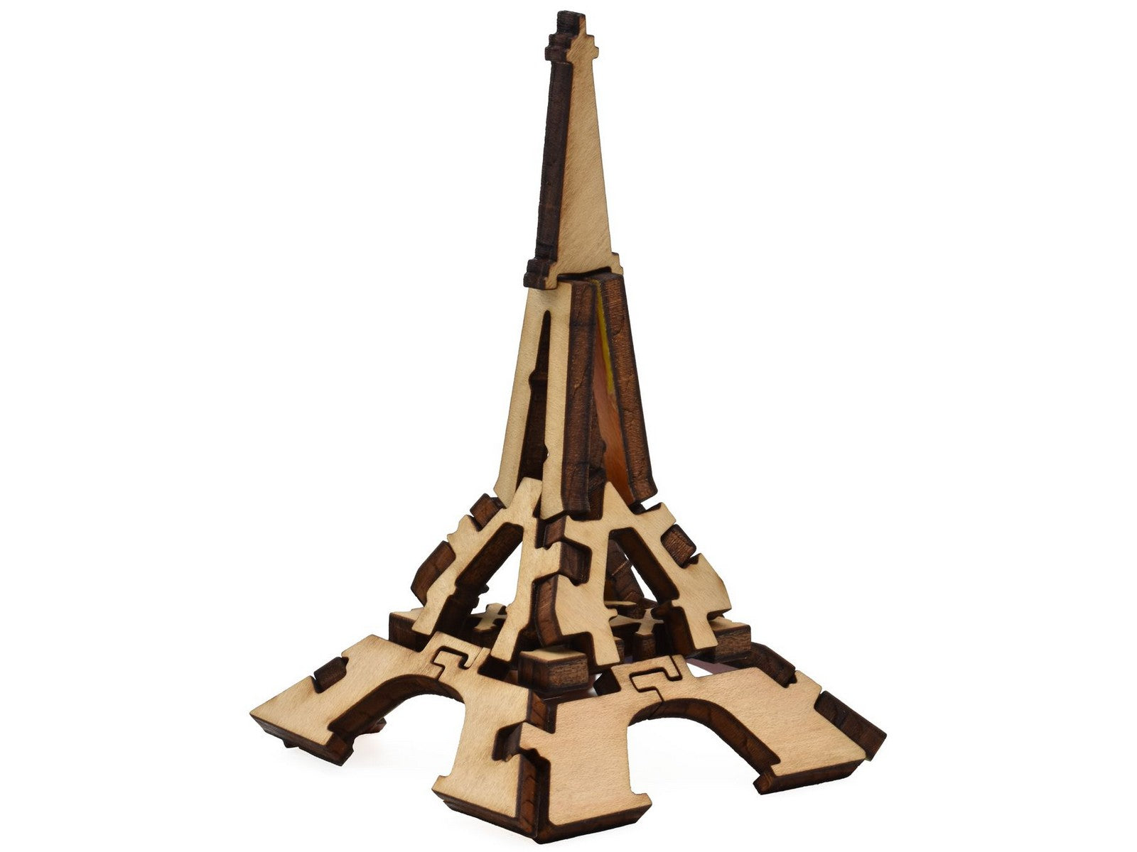 A closeup of pieces shaped like a three dimensional Eiffel Tower.