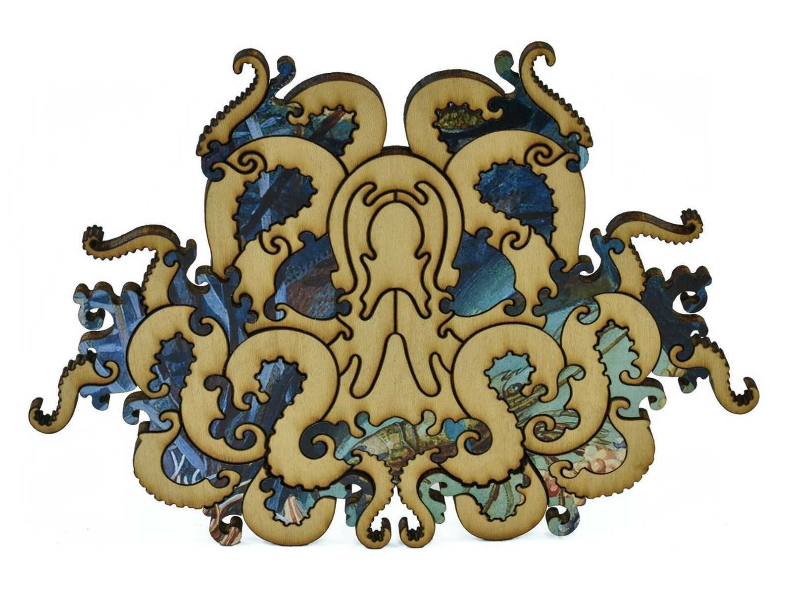 A closeup of pieces in the shape of a large octopus.
