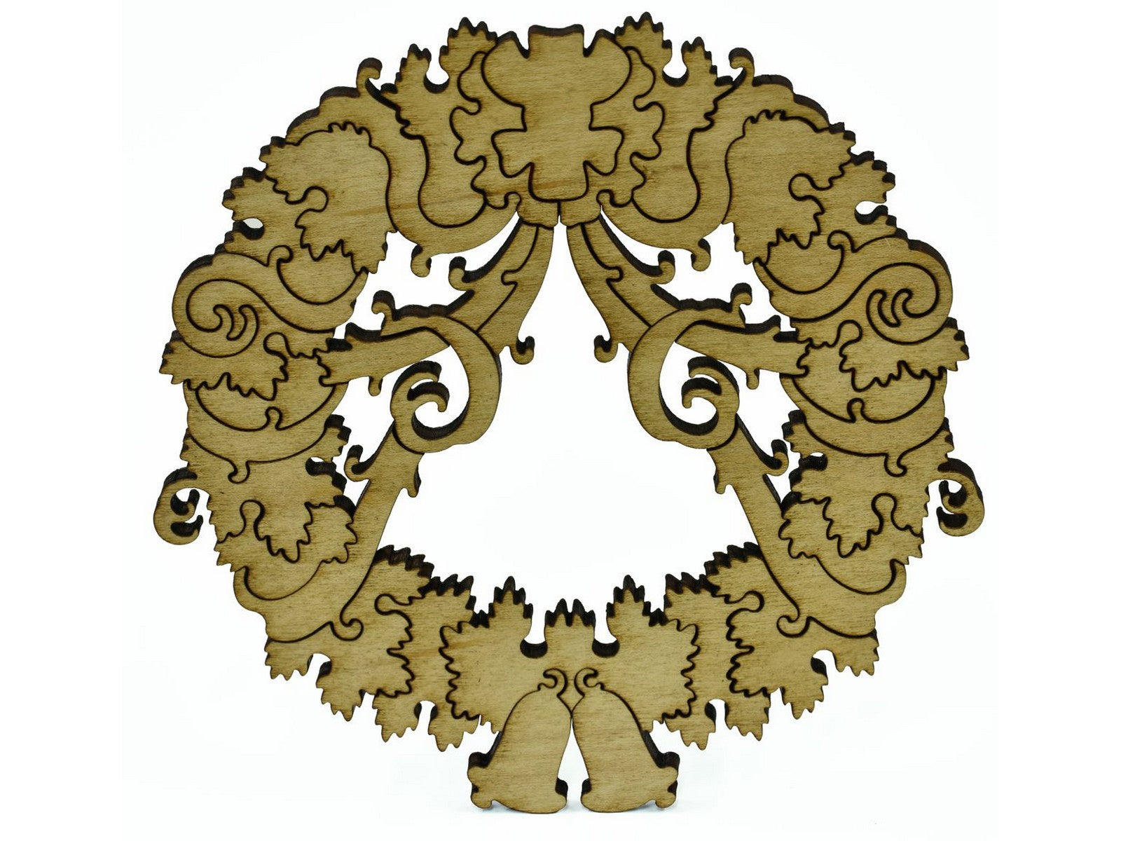 A closeup of pieces shaped like a large multi-piece wreath.