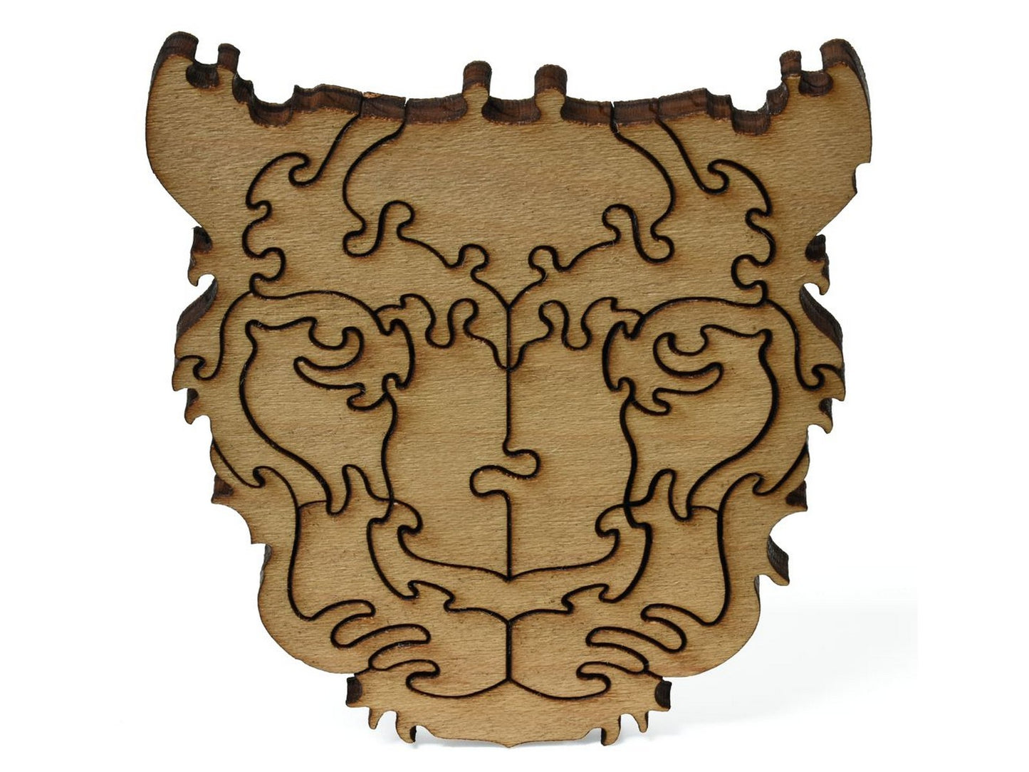 A closeup of pieces shaped like a large leopard head.