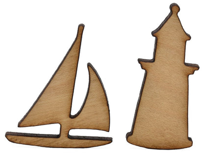 A closeup of pieces shaped like a sailboat and a lighthouse.