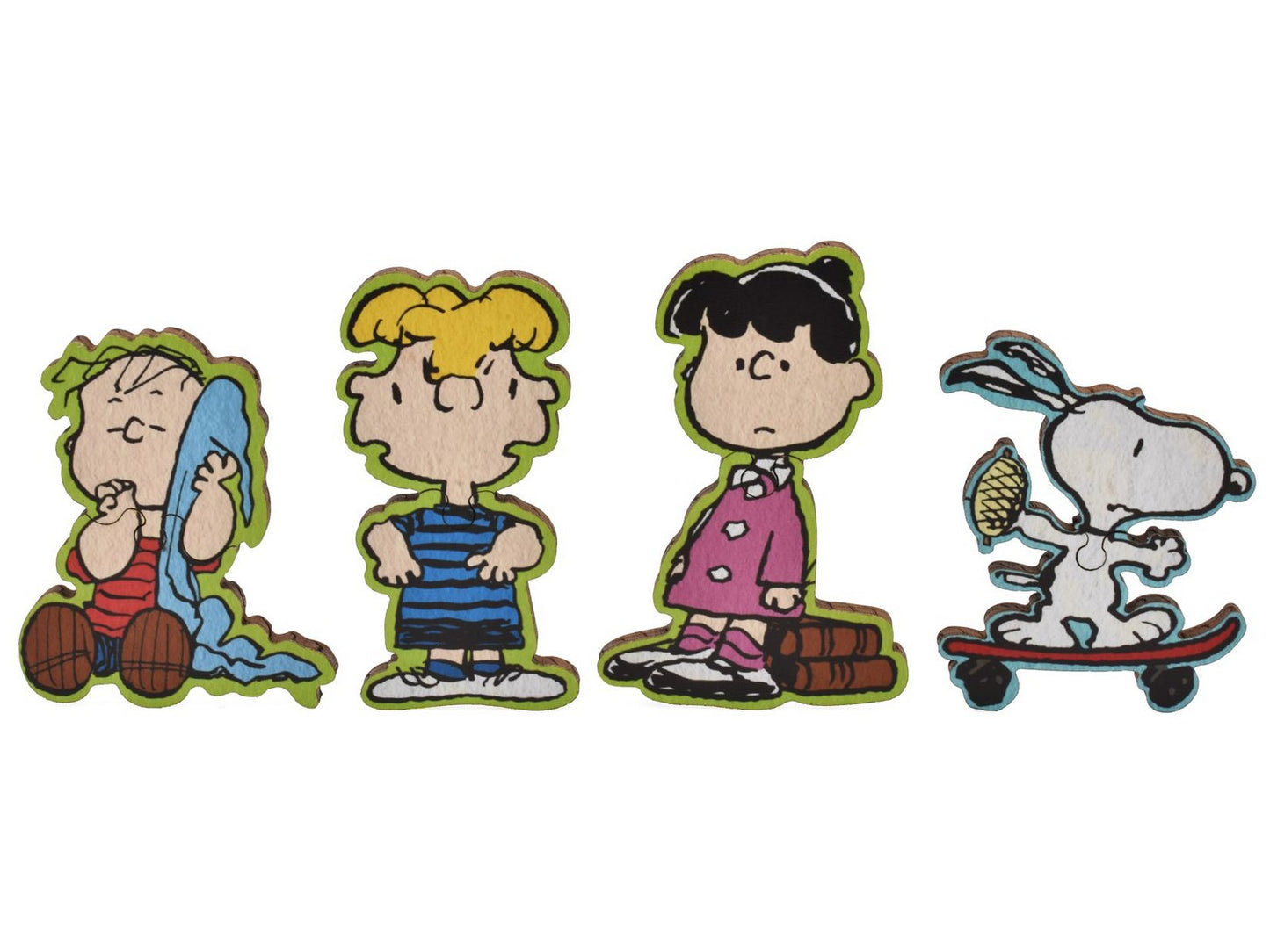 A closeup of pieces in the shape of Linus, Schroeder, Violet, and Snoopy.