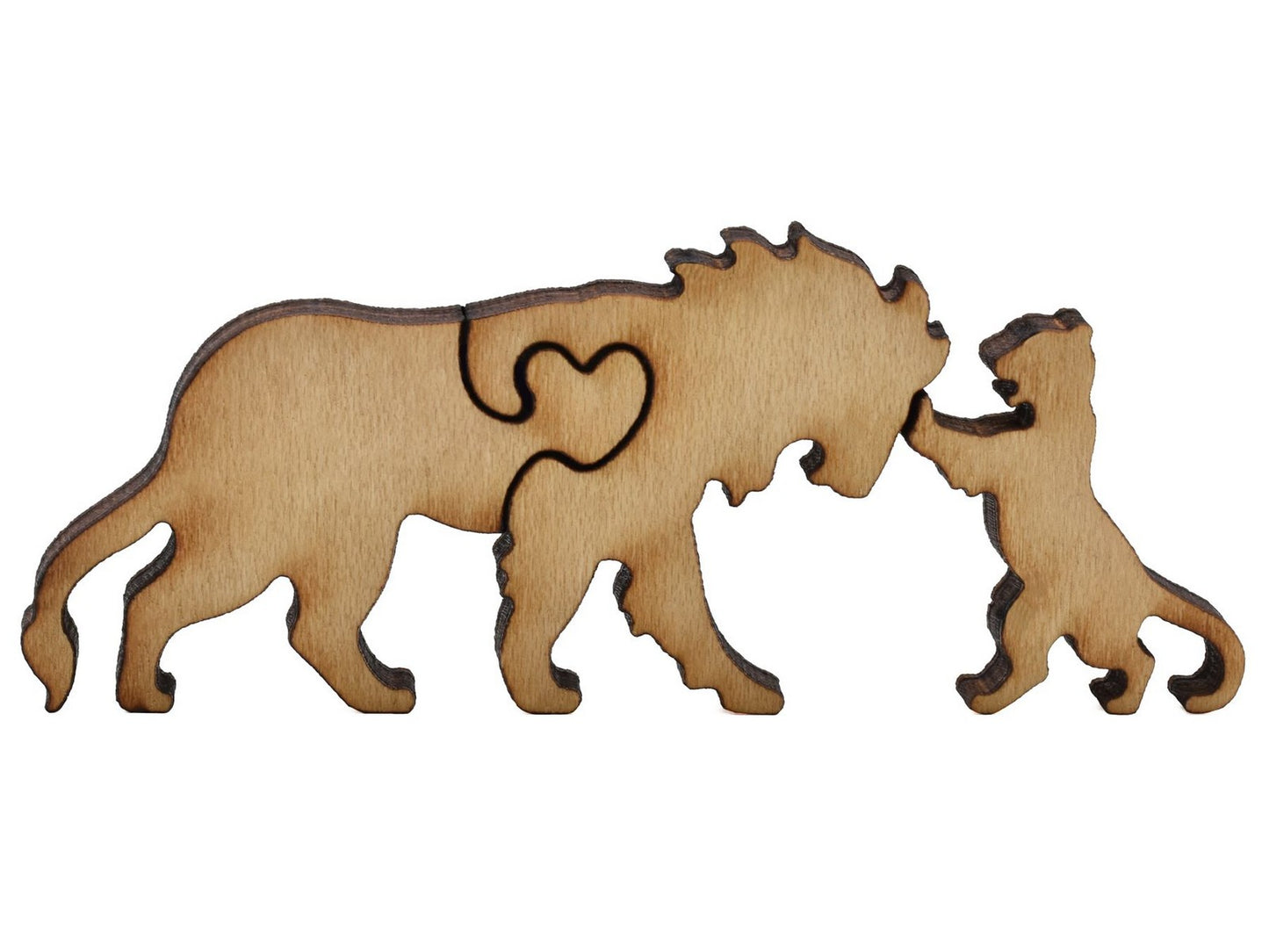 A closeup of pieces shaped like a lion and its cub.