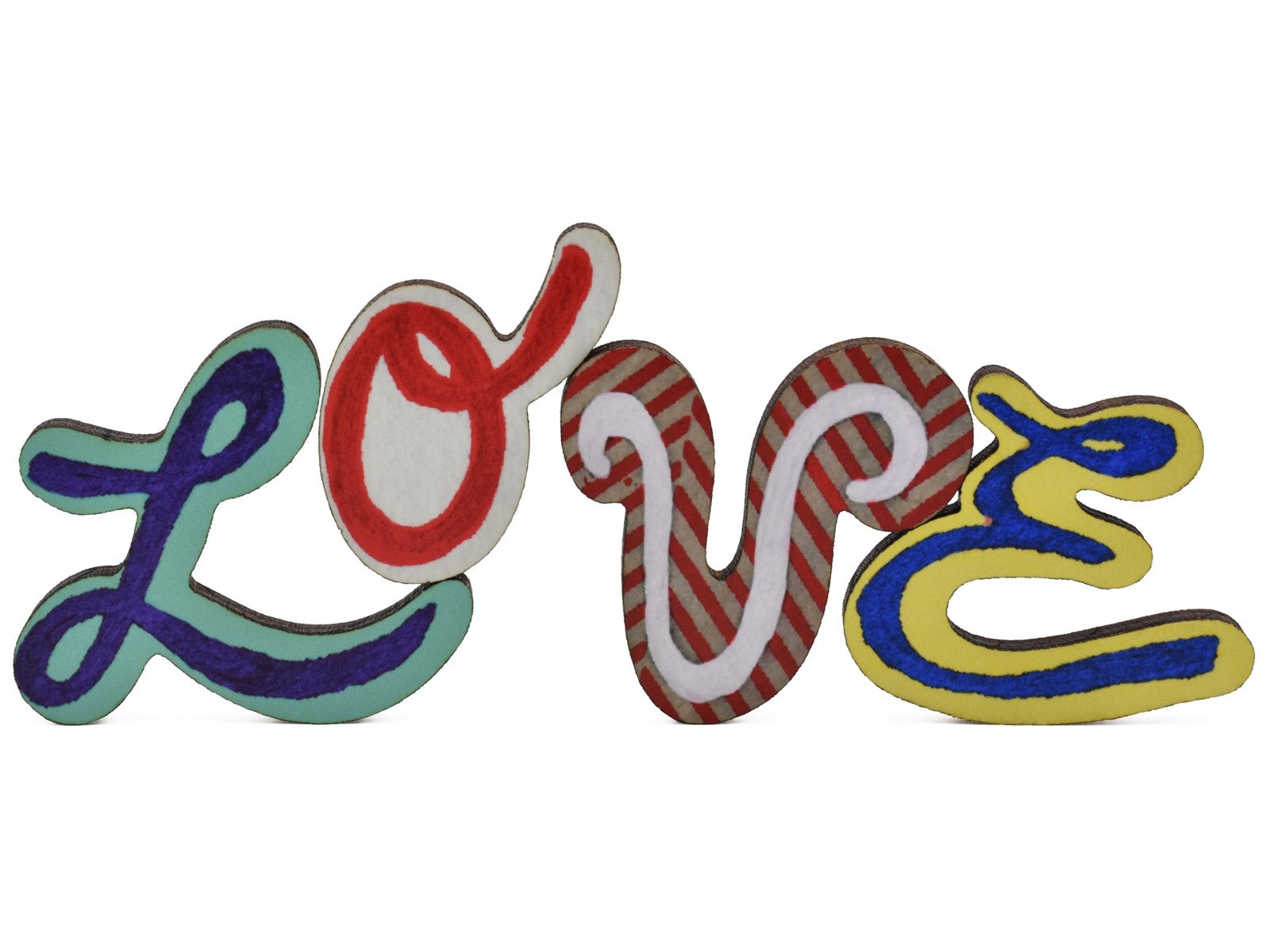 A closeup of pieces that spell out the word, LOVE.