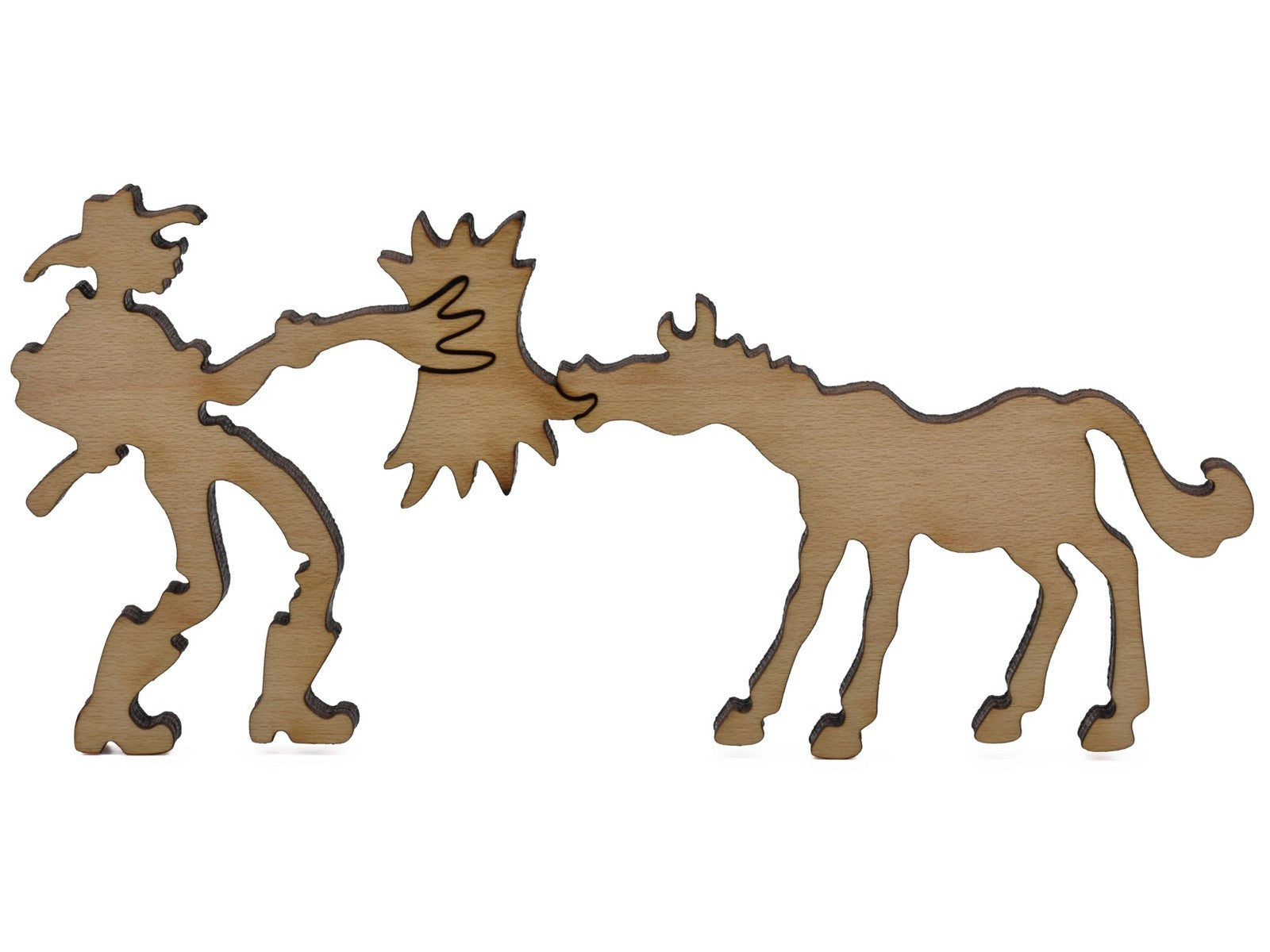 A closeup of pieces shaped like a farmer feeding a donkey.