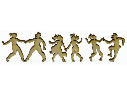 A closeup of pieces in the shape of people dancing.