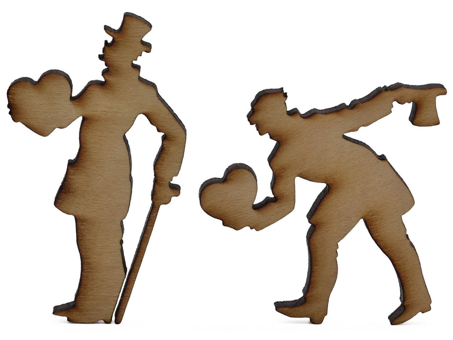 A closeup of pieces shaped like two men with hearts in their hands.