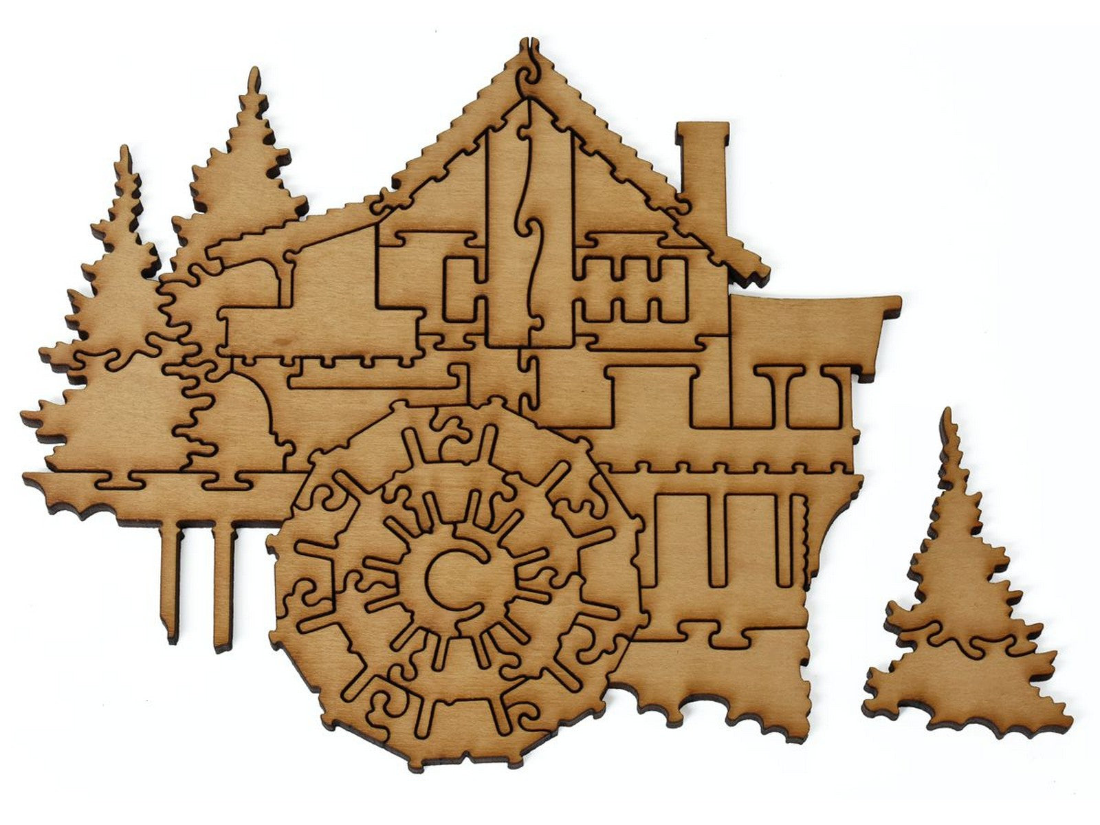 A closeup of pieces that make a multi-piece mill that appears in the puzzle.