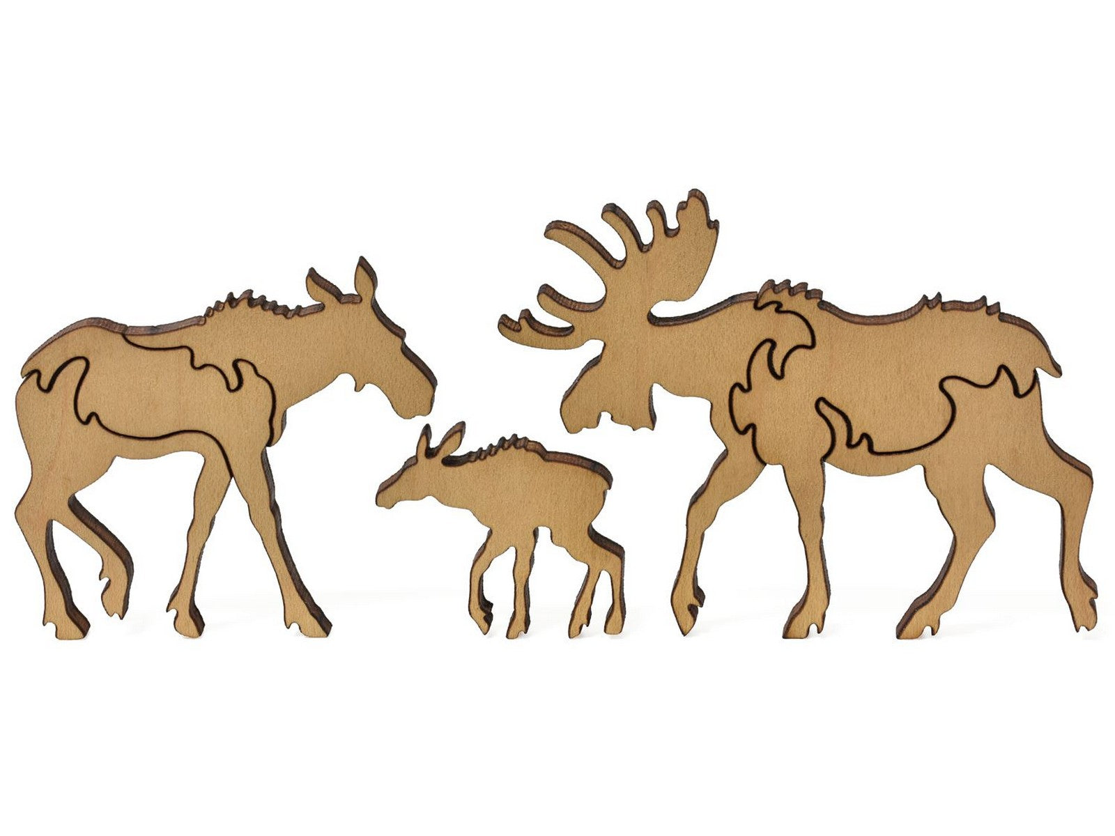 A closeup of pieces showing a family of moose.