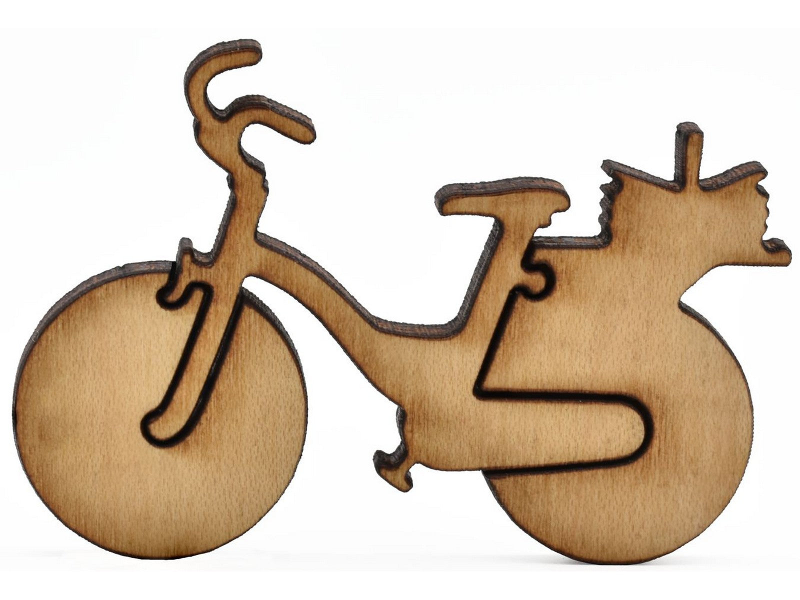 A closeup of pieces shaped like a bicycle with a basket on the back.