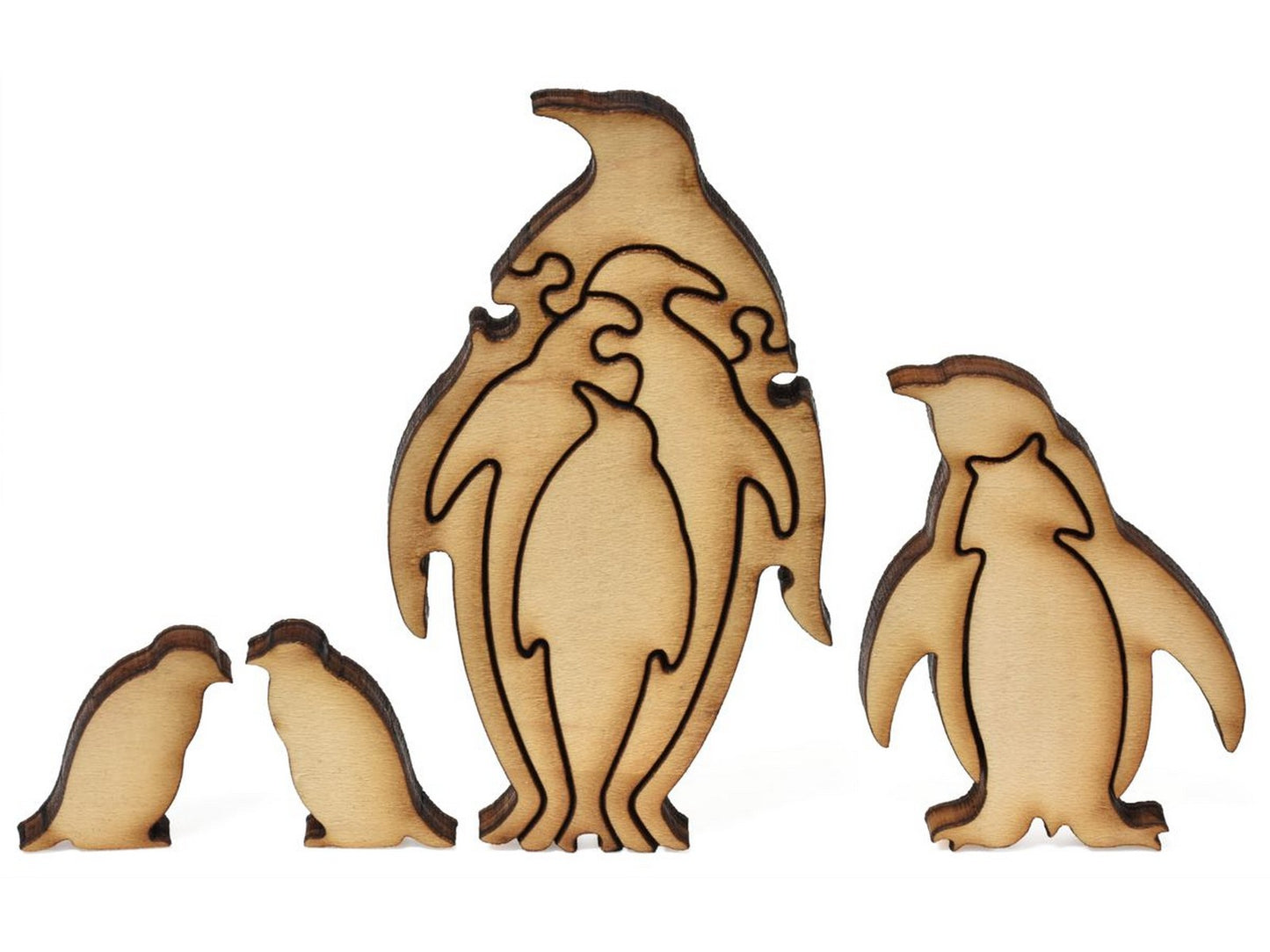 A closeup of pieces showing a family of penguins.