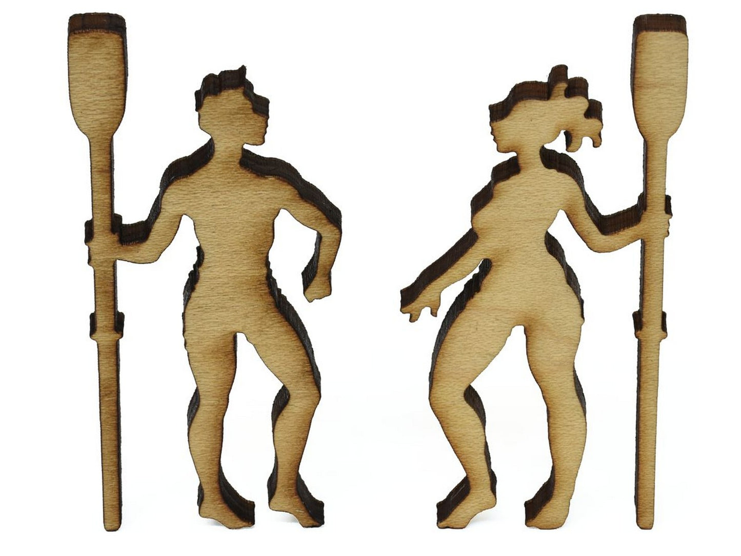 A closeup of pieces showing two people holding their oars.