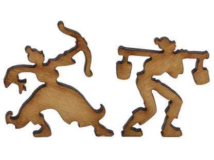 A closeup of pieces shaped like an archer and person carrying water.
