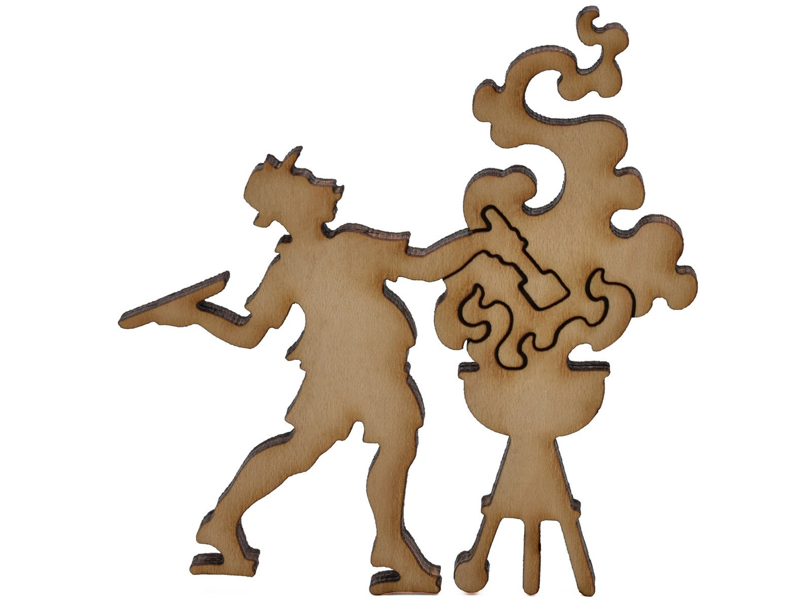 A closeup of pieces shaped like a person grilling.