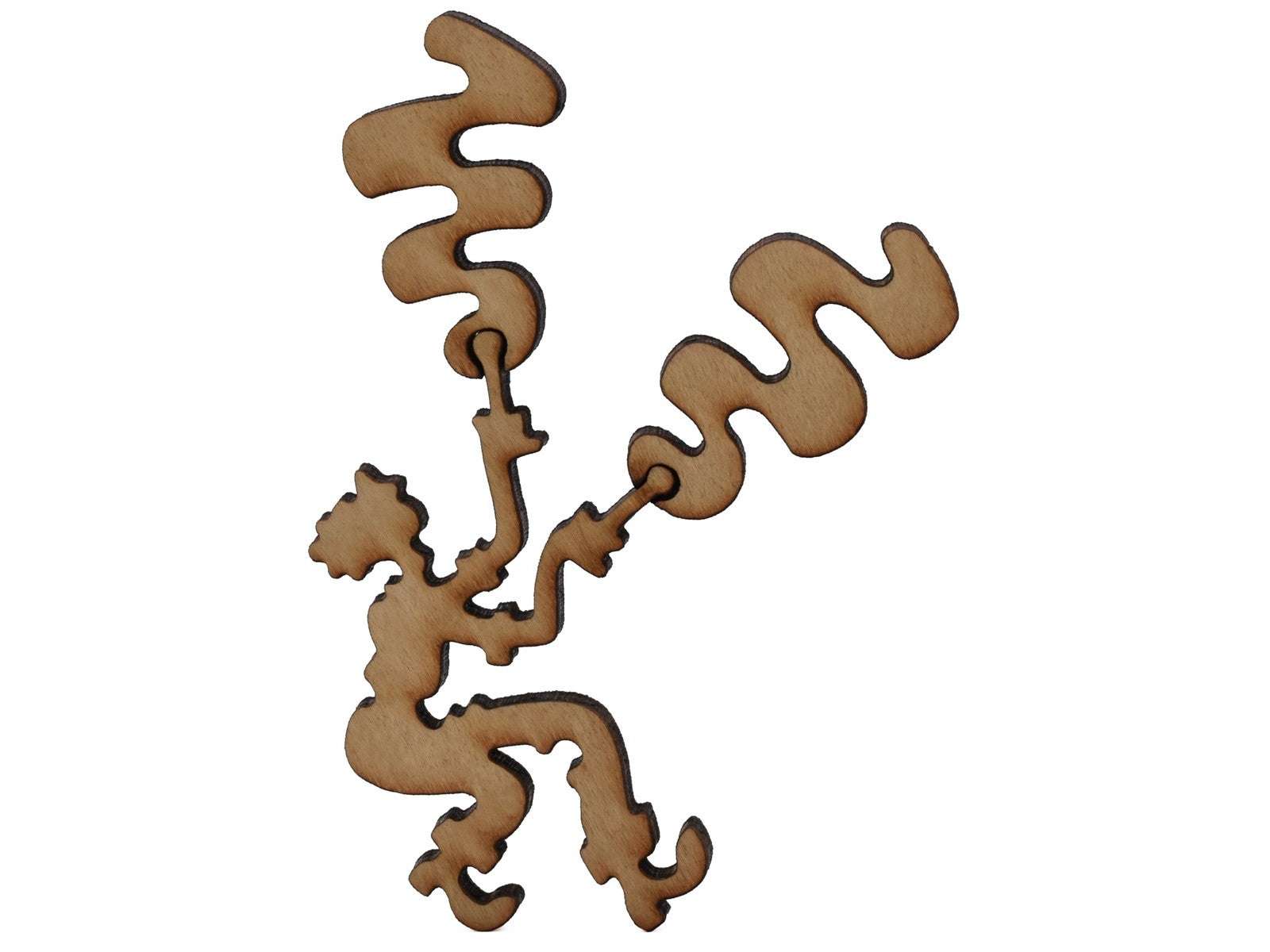 A closeup of pieces shaped like a man holding two sticks.