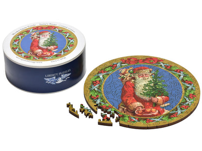 A closeup of the puzzle, Santa's Treats, along with its box.