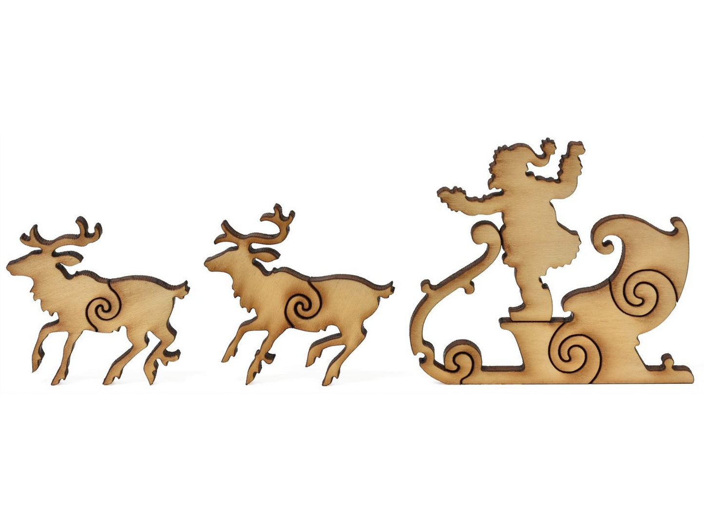 A closeup of pieces showing Santa in his sleigh with reindeer.