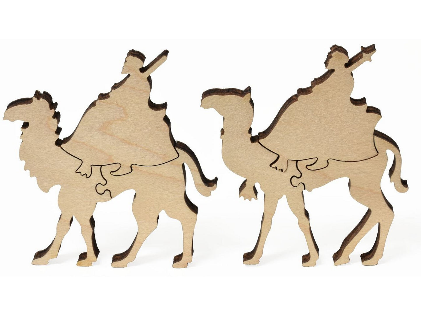 A closeup of pieces showing two people riding camels.