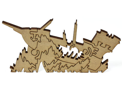 A closeup of pieces showing a multi-piece shipwreck.