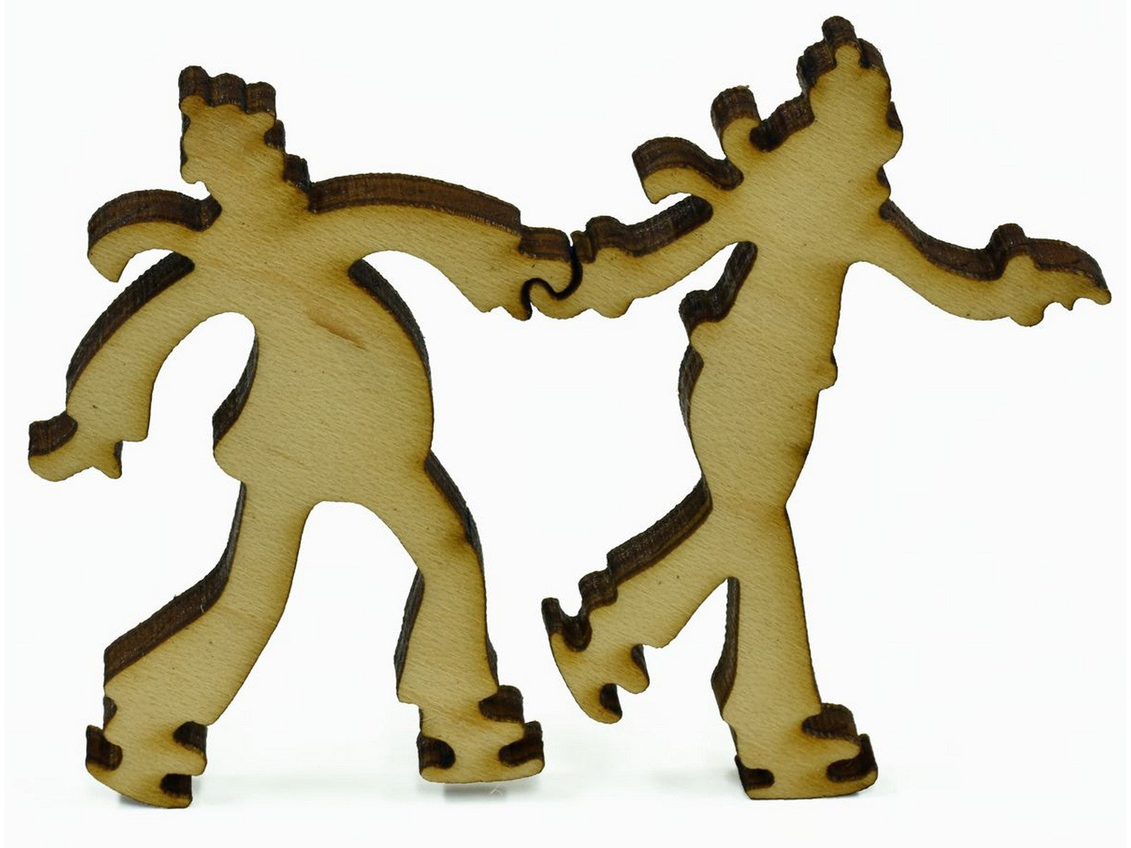 A closeup of pieces showing two people skating.