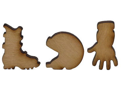 A closeup of pieces shaped like ski gear.