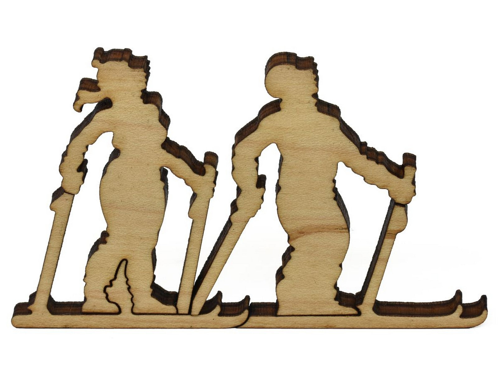 A closeup of pieces showing two cross country skiers.