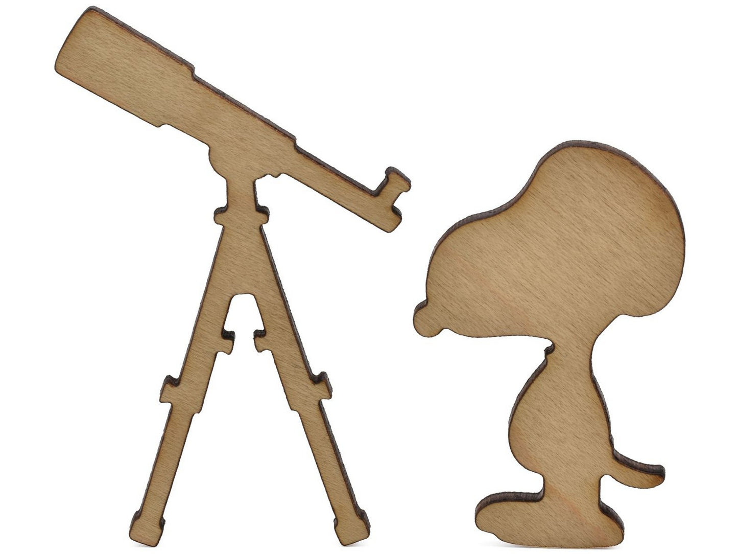 A closeup of pieces shaped like Snoopy looking through a telescope.