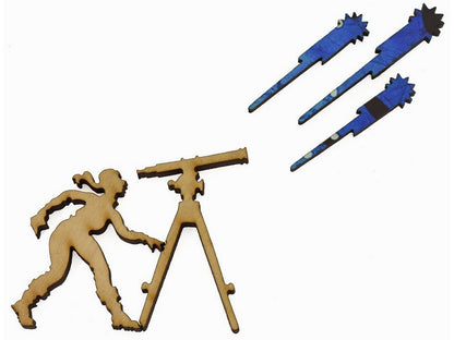 A closeup of pieces showing an astronomer looking through a telescope and meteors.