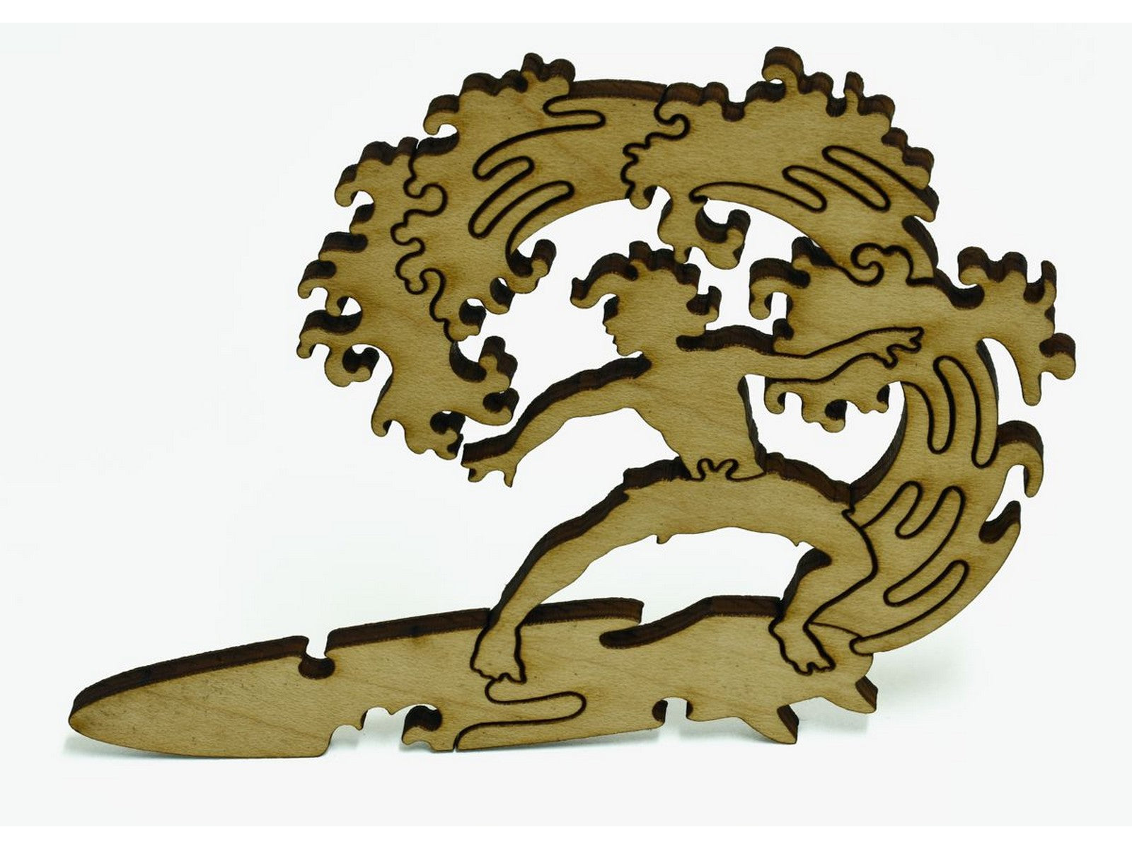 A closeup of pieces shaped like a surfer riding a wave.