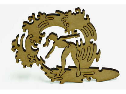 A closeup of pieces shaped like a woman surfing.