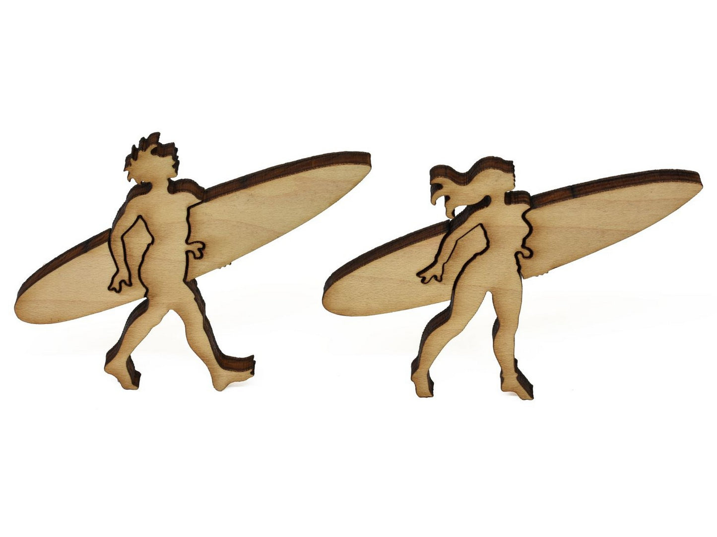 A closeup of pieces showing two surfers with their surfboards.